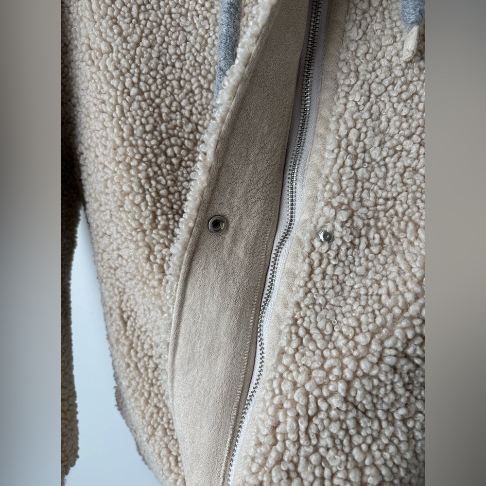 SEIFINI cropped Sherpa Teddy Jacket XS Beige Cozy Hooded Zip Snap Fleece Soft - Picture 5 of 13